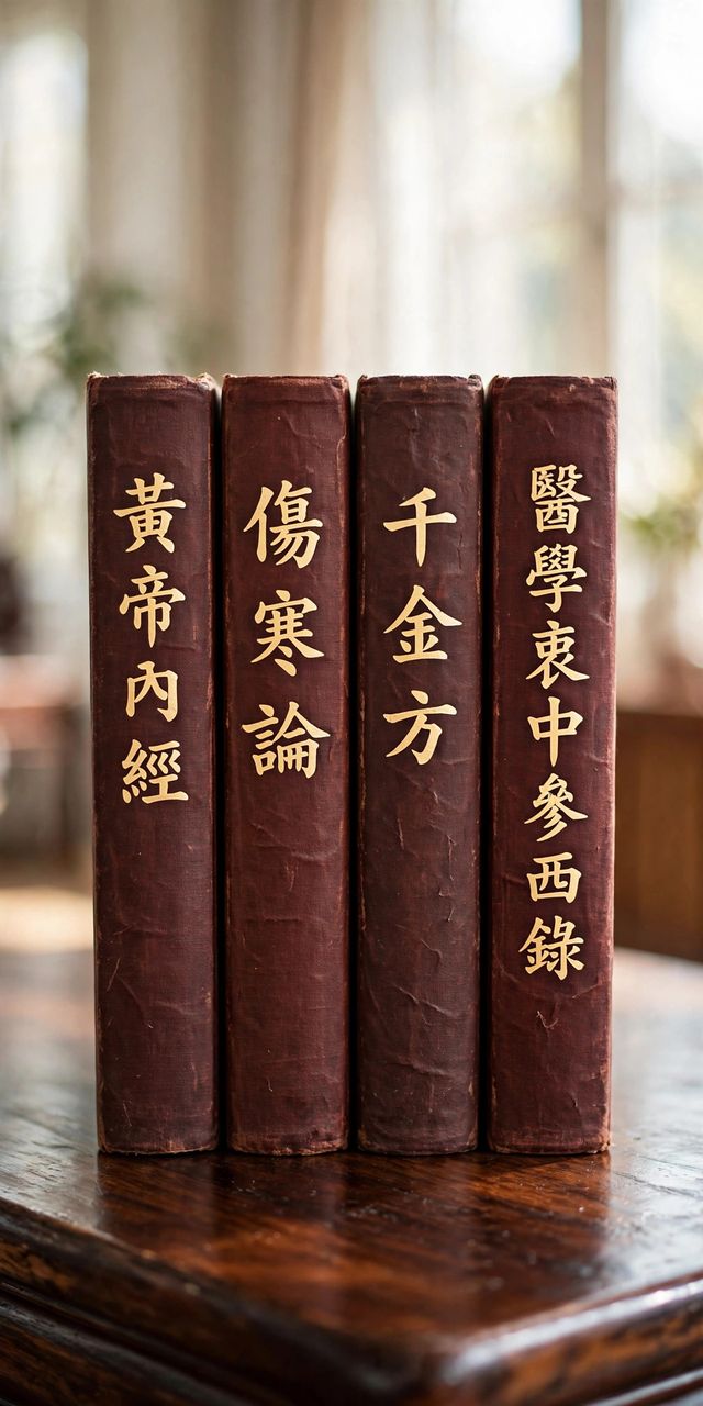 Four classic Chinese medical texts standing upright: Huangdi Neijing, Shanghan Lun, Qianjin Fang and Yixue Zhongzhong Canxi Lu