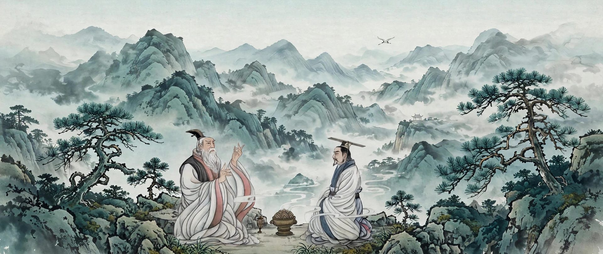 The Yellow Emperor and Qi Bo discussing medicine in a traditional Chinese ink landscape of misty mountains and pine trees